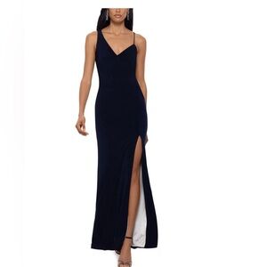 Xscape Navy Blue Asymmetric Strap V-Neck Prom Dress with Thigh Slit
